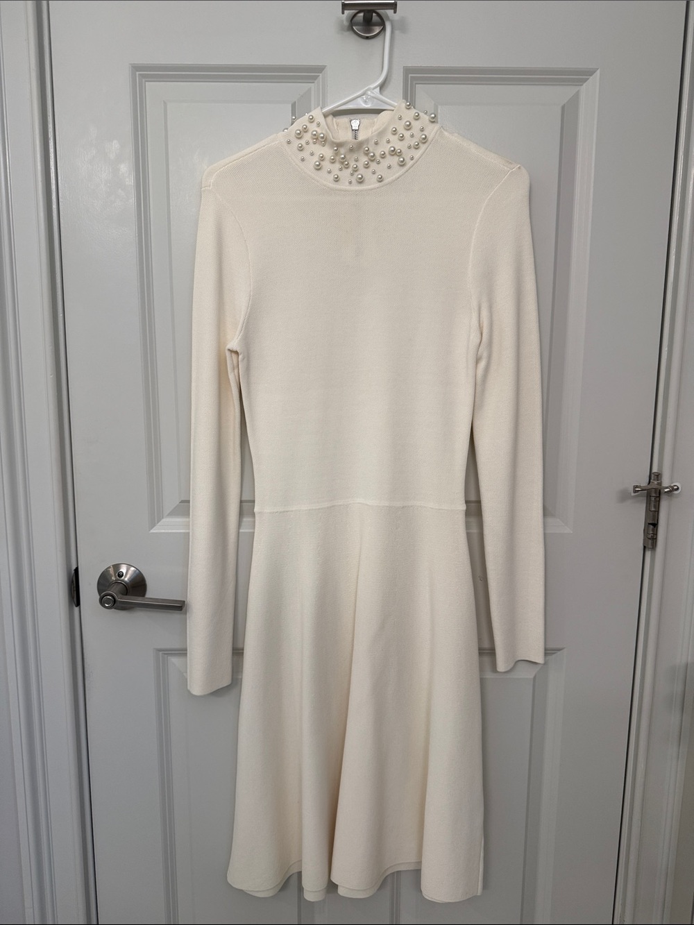 Pearl-Embellished Cream Long-Sleeve Dress